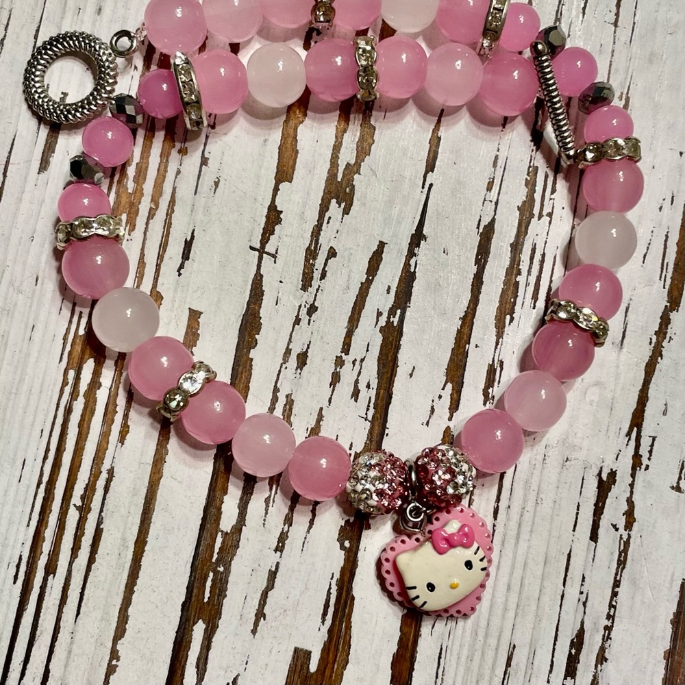 Pink Beaded  Pet Necklace with Hello Kitty Heart Charm 13 inches one of a kind